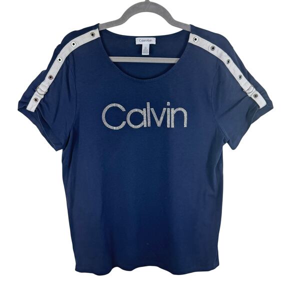 Calvin Klein Navy Blue Rhinestone Logo Buckle Short Sleeve Cotton Blend Tee Sz L - Picture 1 of 6